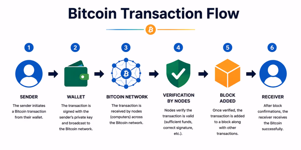 Bitcoin transaction flow showing how a payment moves from the sender's wallet through network verification and blockchain confirmation to the receiver.