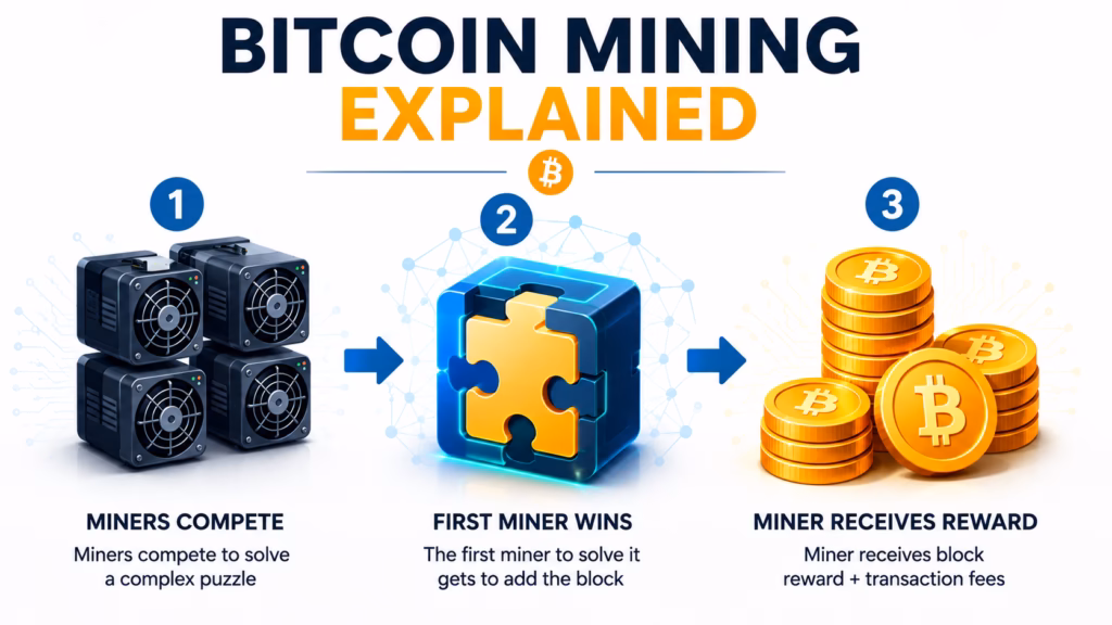 Infographic explaining the Bitcoin mining process, showing miners solving cryptographic puzzles, adding a new block to the blockchain, and receiving block rewards plus transaction fees.
