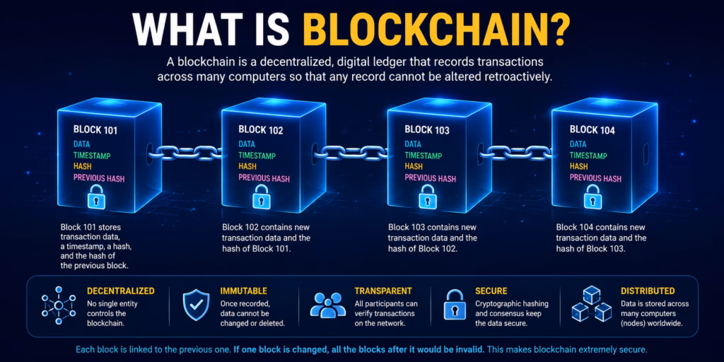 Blockchain infographic showing a chain of connected blocks, where each block stores transaction data, a timestamp, its unique hash, and the hash of the previous block to create a secure and immutable ledger.