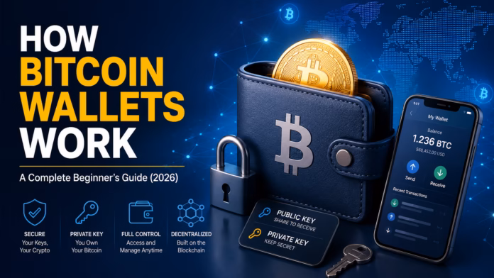 3D illustration of a secure Bitcoin wallet showing public and private keys, a mobile crypto wallet interface, and blockchain connectivity to explain how Bitcoin wallets work.