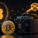 Bitcoin Mining Explained: 3D illustration of a Bitcoin ASIC mining machine, a Bitcoin coin, and blockchain network representing how Bitcoin mining secures transactions and creates new Bitcoin.