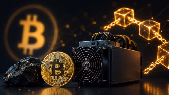Bitcoin Mining Explained: 3D illustration of a Bitcoin ASIC mining machine, a Bitcoin coin, and blockchain network representing how Bitcoin mining secures transactions and creates new Bitcoin.
