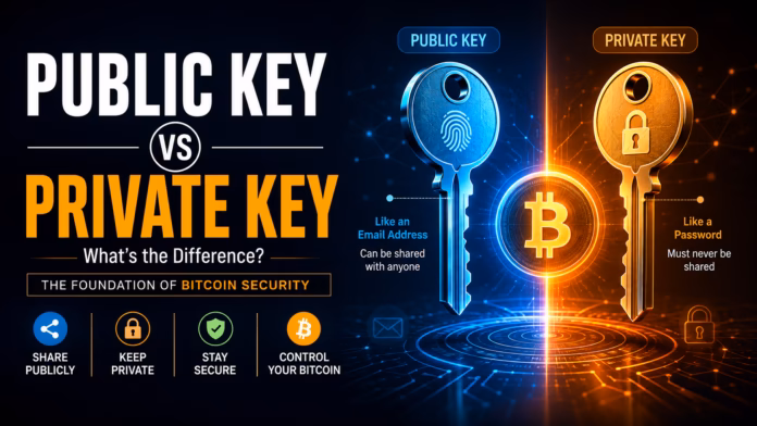 Public Key vs Private Key : Editorial illustration comparing a Bitcoin public key and private key, showing how public keys help verify transactions while private keys securely authorize Bitcoin transfers and protect wallet ownership.
