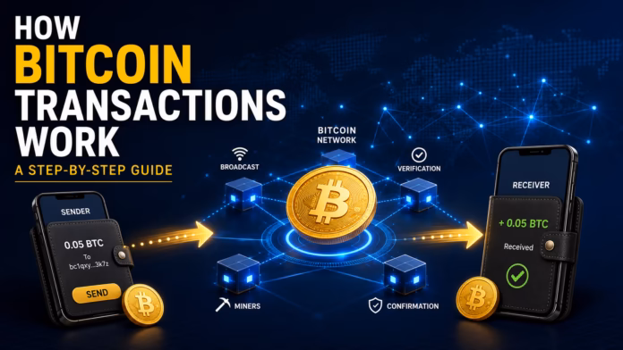 How Bitcoin Transactions Work : Editorial illustration showing how Bitcoin transactions work, with a sender wallet, Bitcoin network, digital verification, blockchain confirmation, miners, and a receiver wallet completing a secure Bitcoin transfer.
