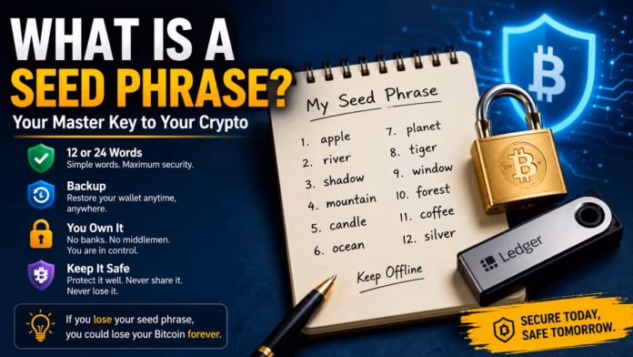 What Is a Seed Phrase? Featured illustration explaining what a Bitcoin seed phrase is, showing a sample recovery phrase, hardware wallet, security lock, and offline backup concept for protecting cryptocurrency wallets.