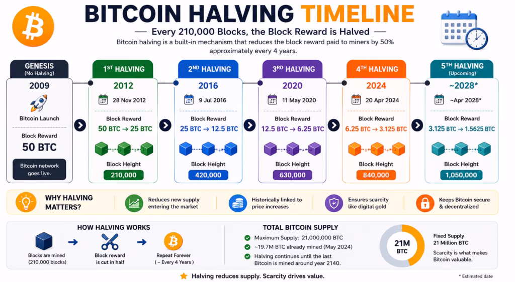 Bitcoin halving timeline infographic illustrating every halving event from the 2009 Bitcoin launch through future halvings, showing block reward reductions, block heights, and the fixed 21 million Bitcoin supply.