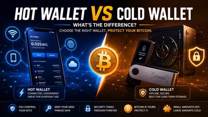 Featured illustration comparing hot wallets and cold wallets for Bitcoin, showing a mobile crypto wallet, hardware wallet, and secure long-term cryptocurrency storage for beginners.