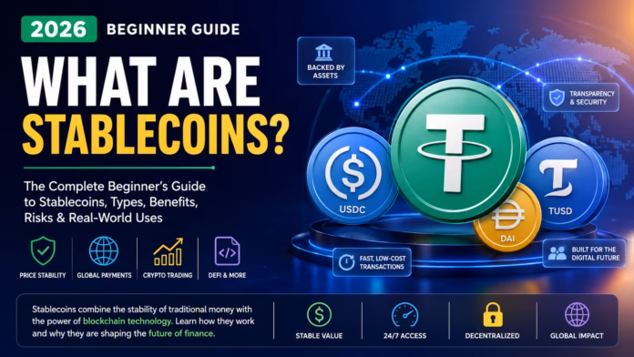 Featured illustration explaining stablecoins, including USDT, USDC, DAI, and blockchain-based digital currencies designed to maintain a stable value for payments, trading, and decentralized finance (DeFi).