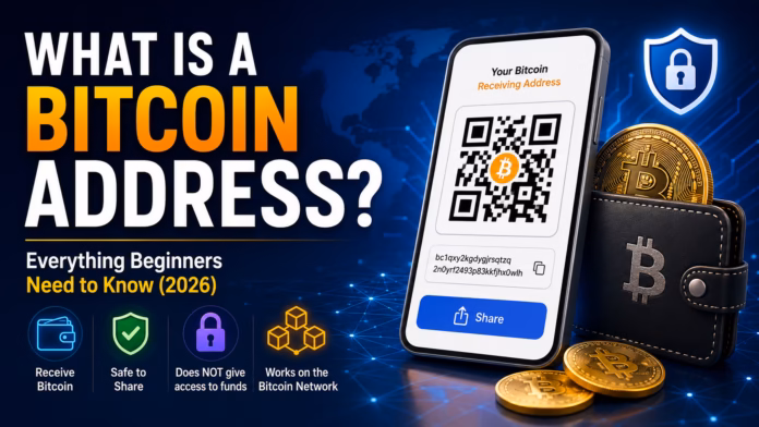 Featured illustration explaining what is a Bitcoin address, showing a Bitcoin wallet, QR code, receiving address, and secure Bitcoin payment process for beginners.