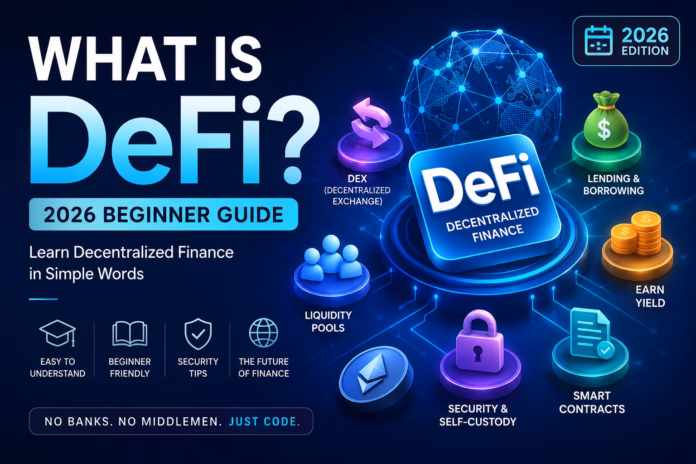 What Is DeFi ? Featured illustration explaining Decentralized Finance (DeFi), including decentralized exchanges (DEXs), smart contracts, lending and borrowing, liquidity pools, self-custody wallets, and blockchain-based financial applications in a beginner-friendly 2026 guide.