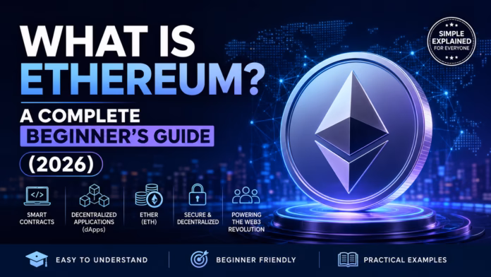 What Is Ethereum? Illustration explaining Ethereum (ETH), smart contracts, decentralized applications (dApps), and blockchain technology for beginners in a complete 2026 guide.